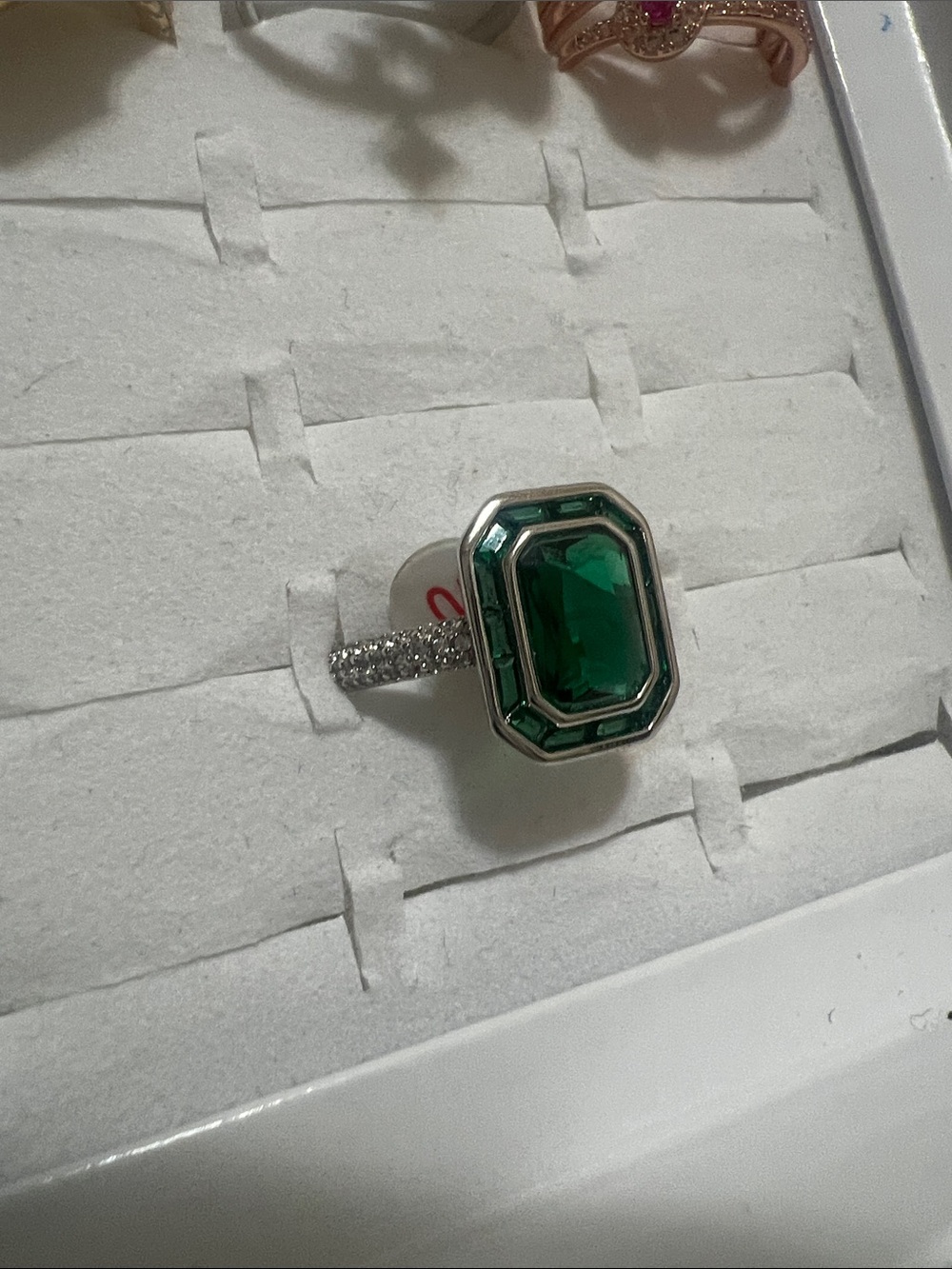 Emerald-Cut Green Stone Halo Ring with Pave Band